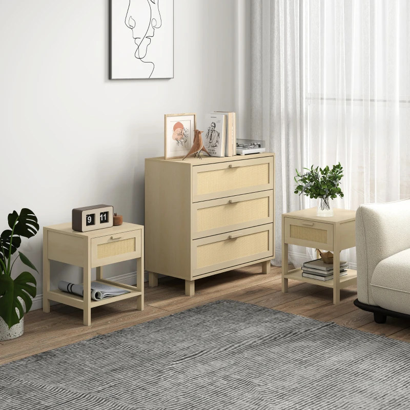 HOMCOM Chest of Drawer and Nightstands, Boho Rattan Furniture Set, Nature Wood Finish