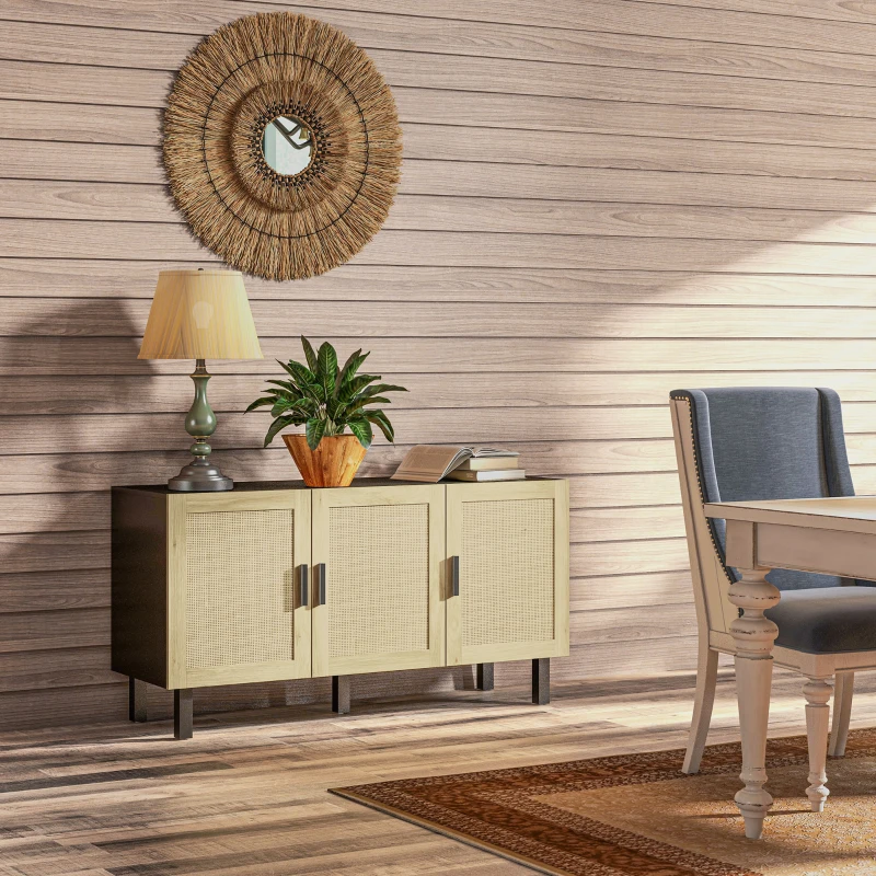 HOMCOM Móvel de arrumação com armários de portas efeito cannage, prateleiras ajustáveis, 136 x 41 x 70 cm, preto e madeira natural