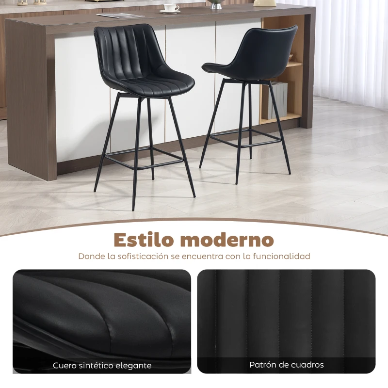 HOMCOM Juego de 2 Taburetes de Bar, Sillas de Bar Giratorio 360° Tapizado en Cuero Sintético con Respaldo y Reposapiés Negro