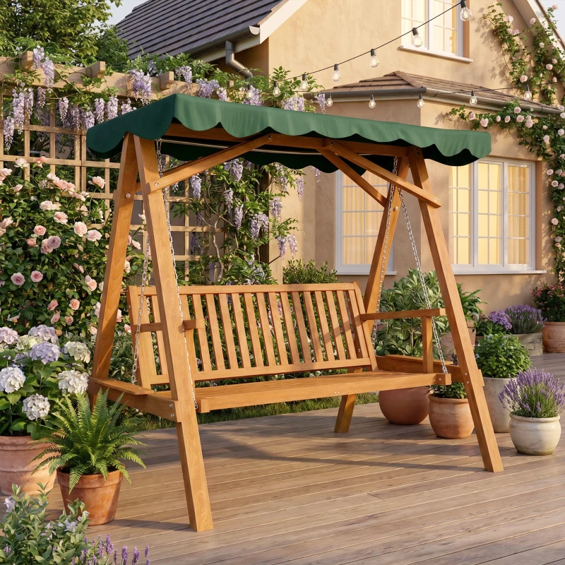 Outsunny Balancelle de Jardin 3 Places Toit imperméabilisé 2 tablettes Support 1,95L x 1,33l x 1,86H m Charge Max. 360 Kg Bois de pin Vert