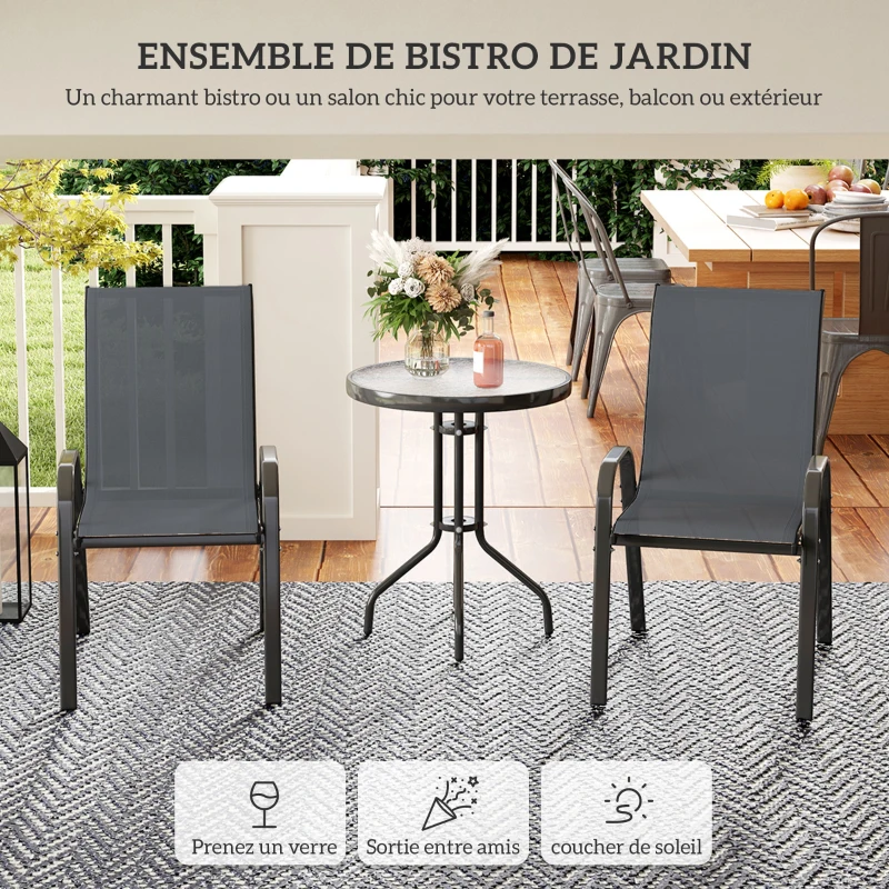 Outsunny 3 pièces salon de jardin extérieur ensemble de meubles 2 fauteuils empilables table basse dessus verre trempé gris foncé