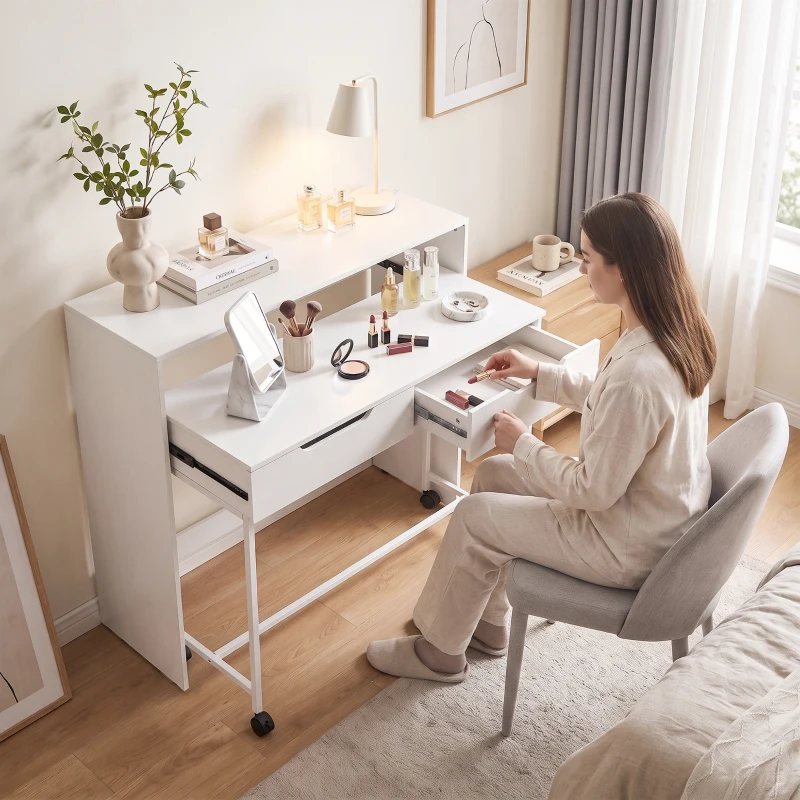 HOMCOM Secretária de Computador Extensível 100 cm com 2 Gavetas Secretária com Arrumação Estilo Moderno Branco