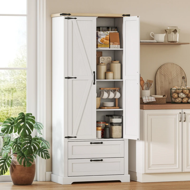 HOMCOM Buffet haut cuisine, armoire de cuisine avec 2 portes, 2 tiroirs, étagères réglables, style rustique, 76x40x180cm, blanc