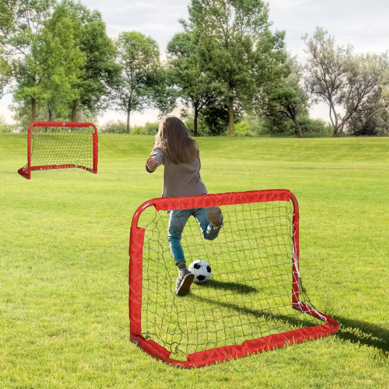 HOMCOM Set 2 Porte da Calcio Pieghevoli da Esterno con 4 Picchetti, in Acciaio e Tetrolon, 90x36x60 cm, Rosso