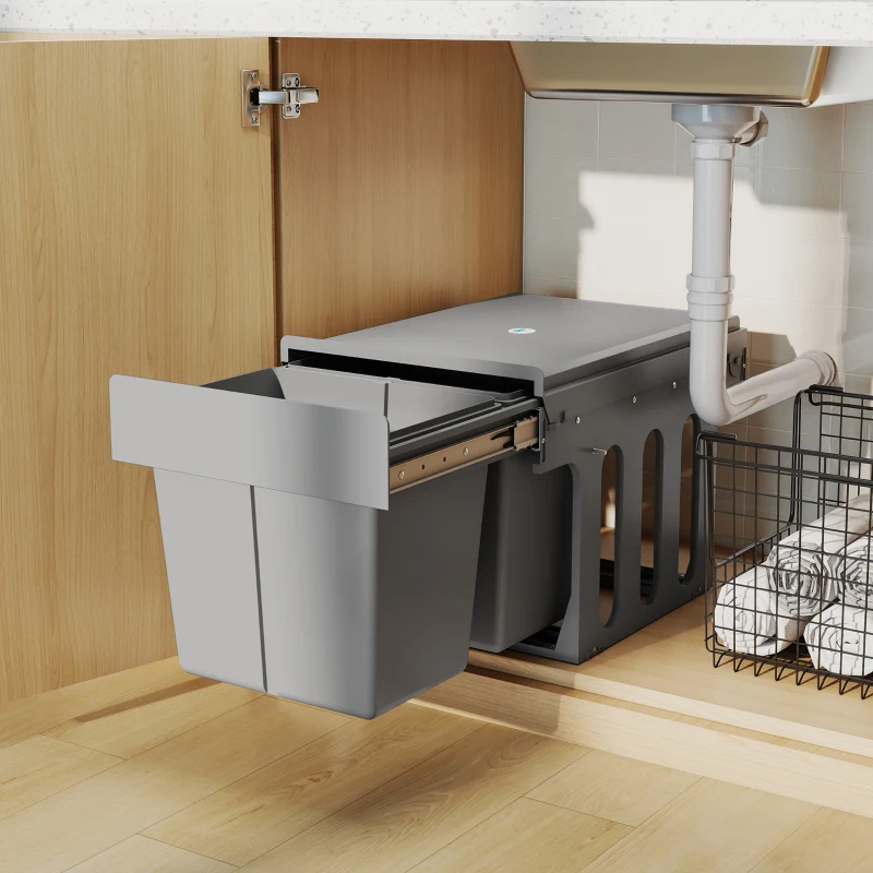 HOMCOM Cubo de Basura Extraíble bajo Fregadero con 2 Contenedores Capacidad Total 30L (15Lx2) Fijación Inferior Gris Claro