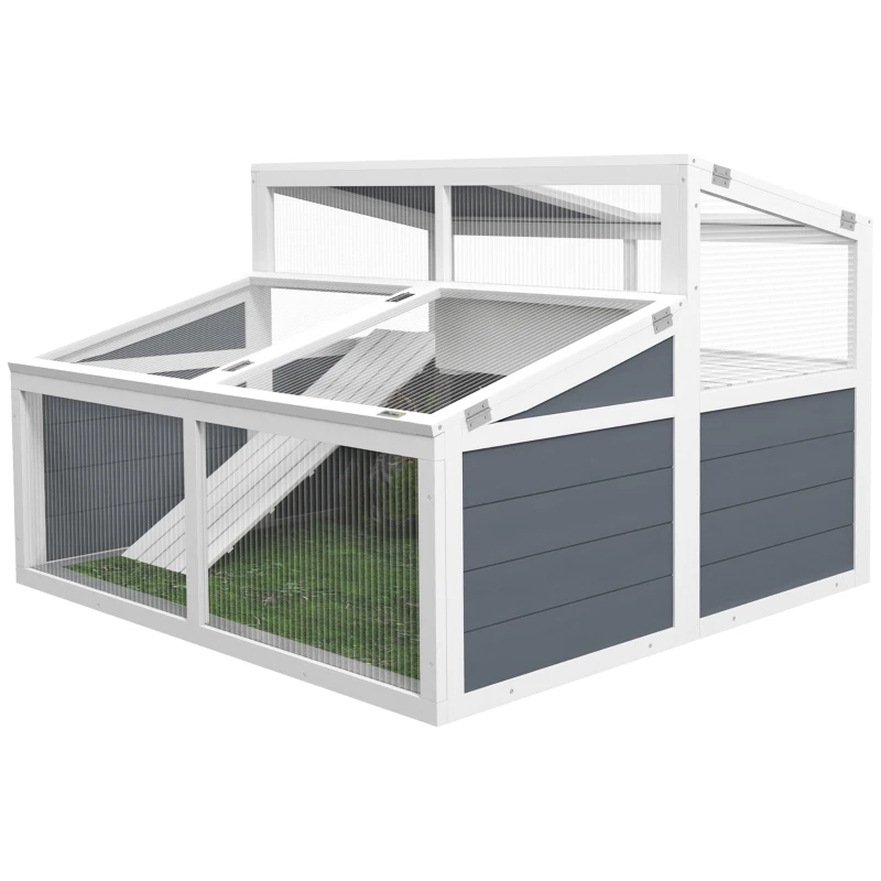 PawHut Maison enclos cage pour petit animal tortue avec 2 espaces toit en polycarbonate 3 portes rampe 115 x 115 x 82 cm gris(m-11)