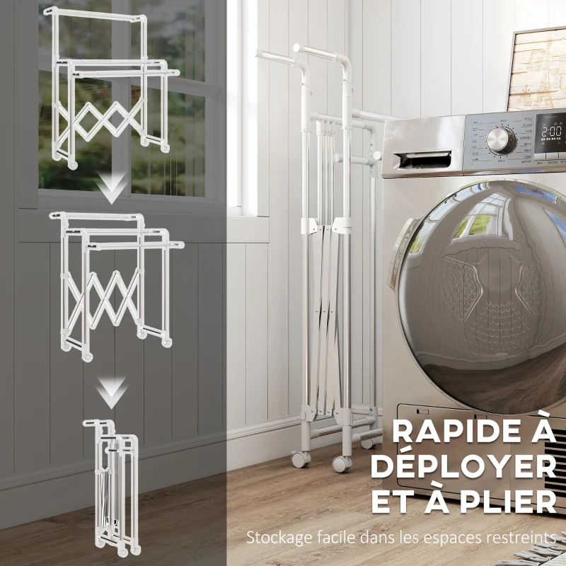 HOMCOM Séchoir à linge pliable étendoir linge intérieur à 3 barres réglables et 4 roulettes 104-150 x 103 x 145-197 cm argent