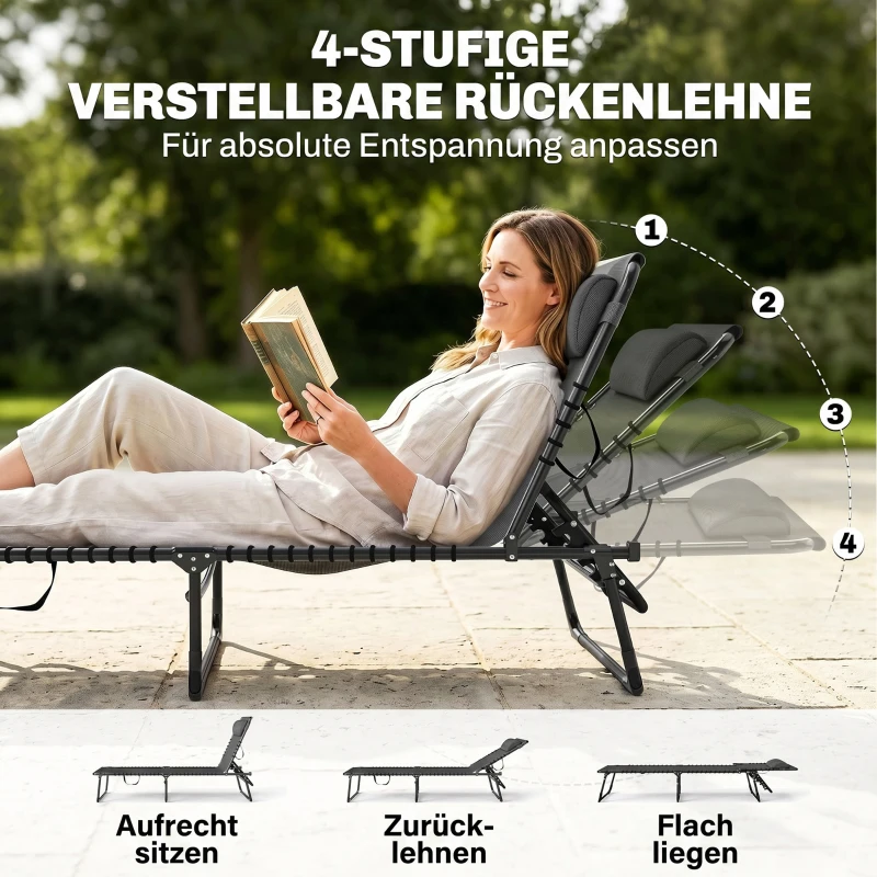 Outsunny Lot de 2 bain de soleil transat pliable dossier inclinable multi-positions acier lacets élastiques textilène gris