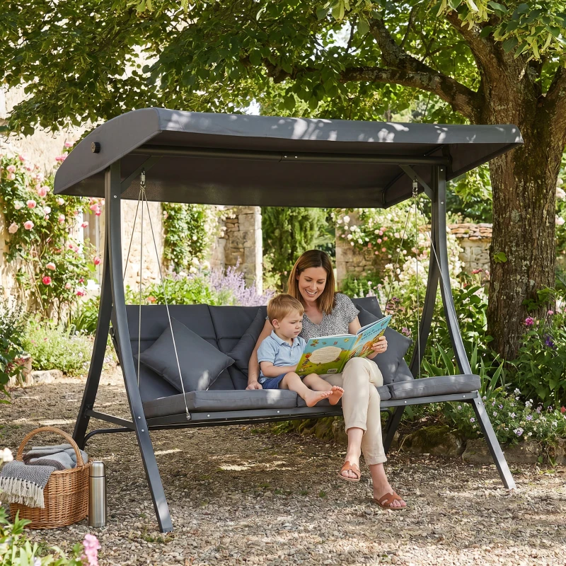 Outsunny Balancelle de jardin 3 places grand confort inclinaison toit réglable matelas fourni acier polyester gris foncé