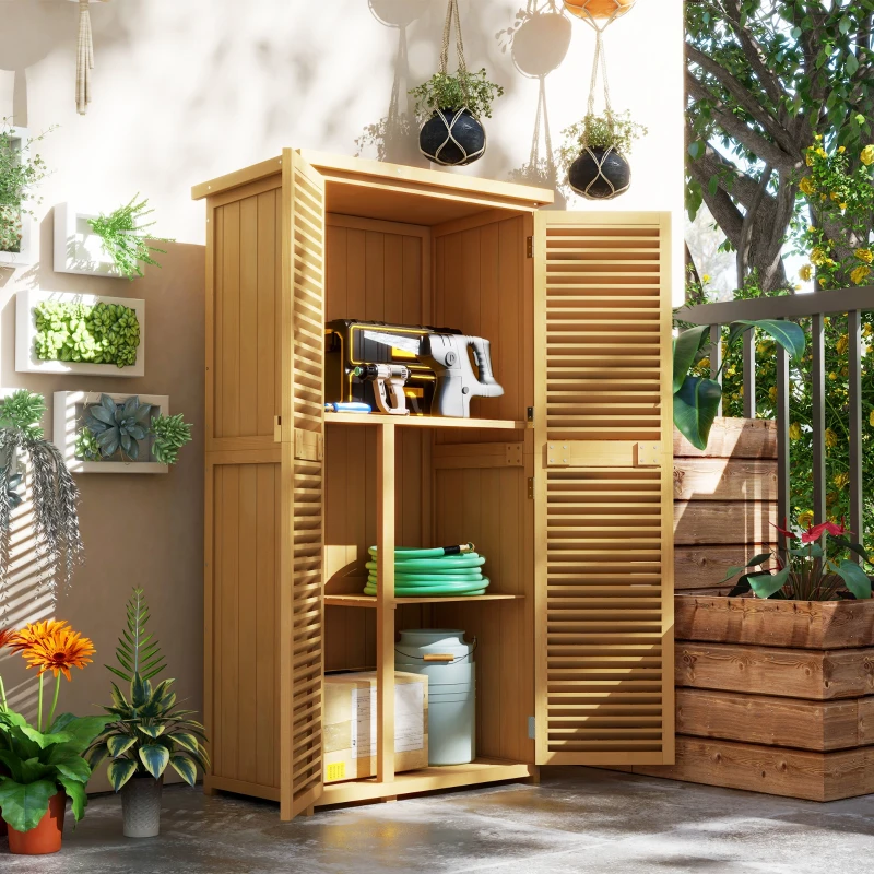 Outsunny Gartenkommode wetterfest, 2 Türen mit Schloss, Kiefernholz, 87L x 46,5B x 160H cm, Hellgelb(m-10)
