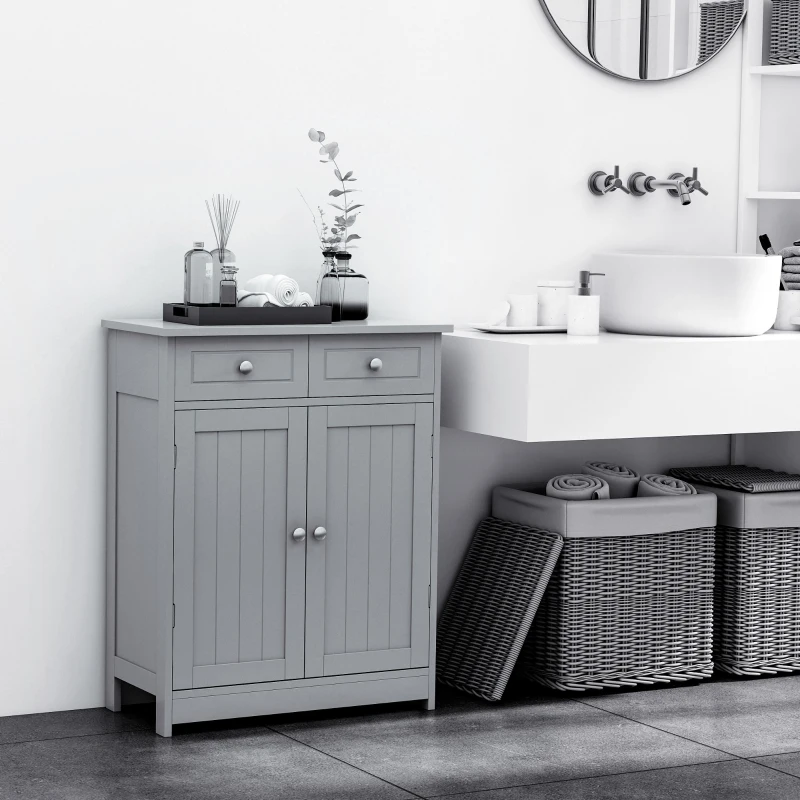 kleankin Meuble de salle de bain meuble de rangement 2 tiroirs placard double porte et étagère réglable 60 x 30 x 75 cm gris