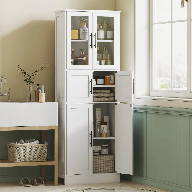 HOMCOM Meuble de salle de bain, meuble de rangement 6 niveaux, 6 portes dont 2 vitrées, étagères réglables, 60x30x170cm, blanc