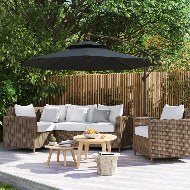 Outsunny 2.7m Garden Banana Parasol Cantilever Umbrella with Crank Handle, Double Tier Canopy and Cross Base for Outdoor, Hanging Sun Shade, Black(m-13)