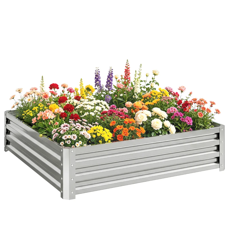 Outsunny Gartenbeet, Pflanzkasten mit Stahlgehäuse, Silber, 120 x 120 x 30 cm