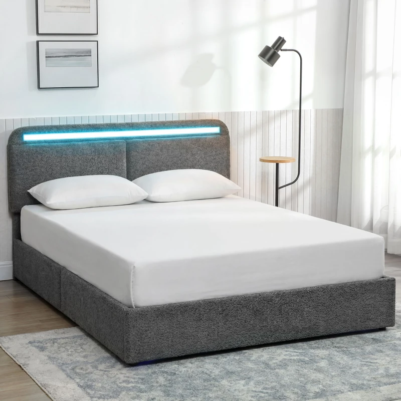 HOMCOM Lit coffre 140 x 190 cm avec éclairage LED, tête de lit réglable, cadre de lit double, sommier à lattes en bois, gris