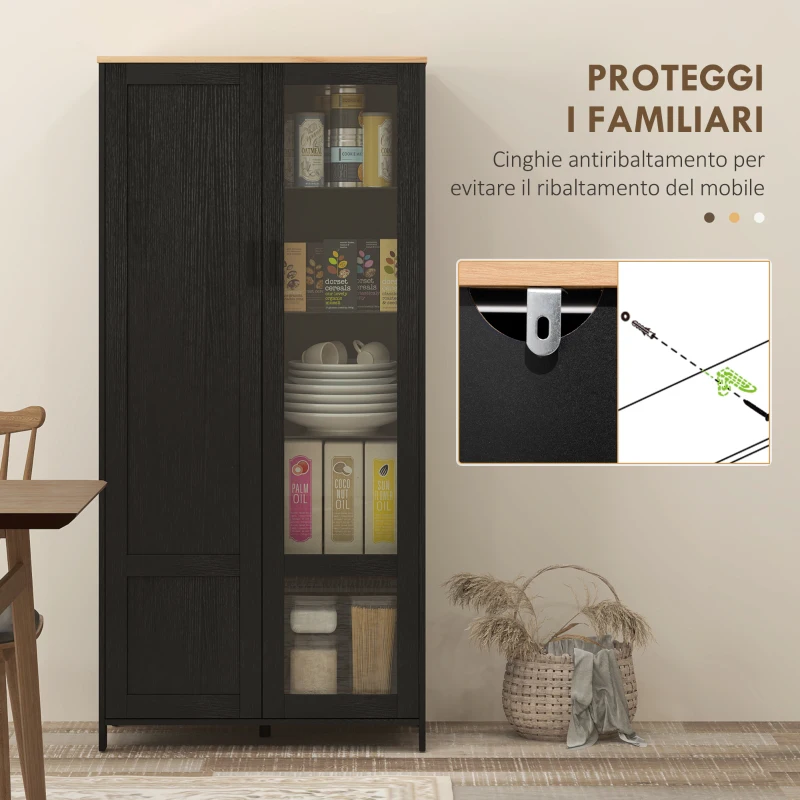 HOMCOM Mobile Dispensa Cucina in Legno a 9 Ripiani Regolabili con Ante in Vetro, 76x36x160 cm, Nero e color Legno
