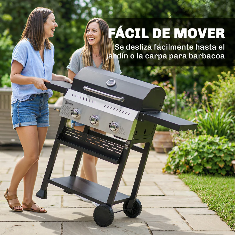 Outsunny Barbacoa de Gas con 3 Quemadores Termómetro Parrilla Mesas Laterales Plegables Estante y Ruedas 123x57x102 cm Negro