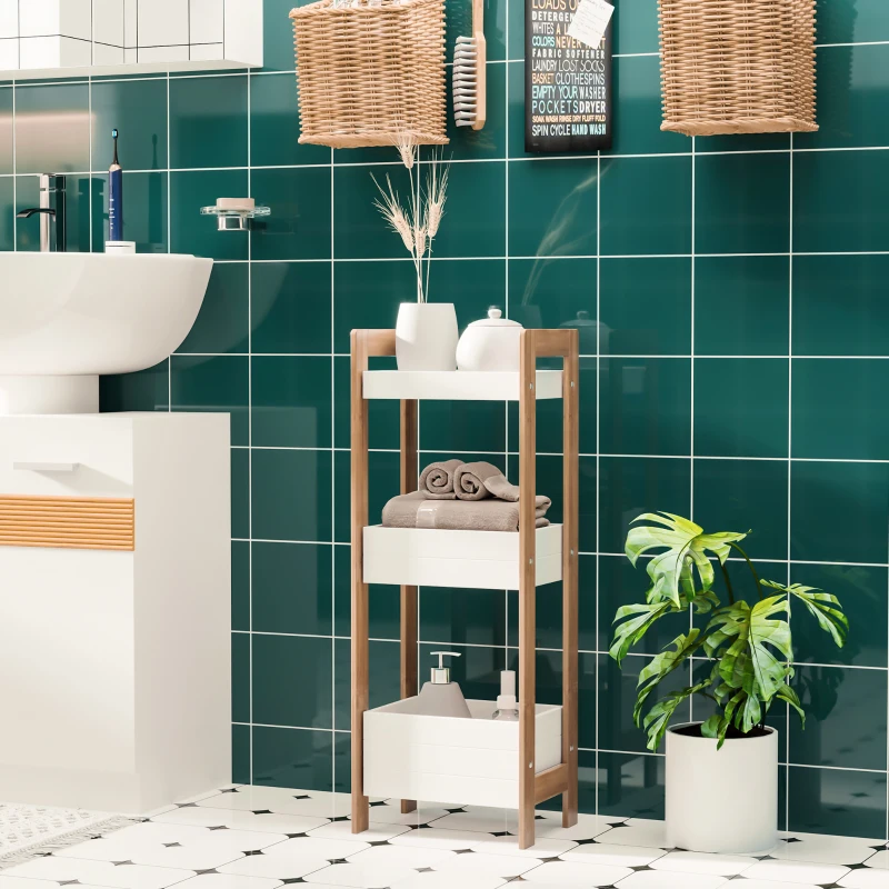 HOMCOM Estantería de Baño con 3 Estantes Organizador de Almacenaje Bambú para Cocina Sala de Estar Lavadero 27,5x20,8x74 cm Color Blanco y Natural