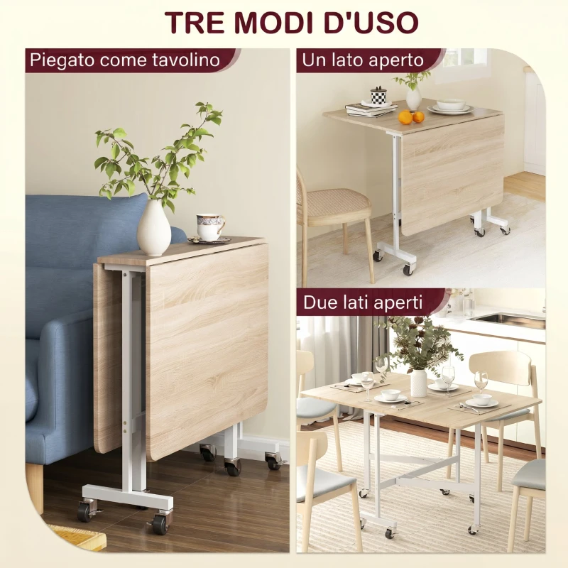 HOMCOM Tavolo Pieghevole Industriale a 2 Ribalte con Rotelle in Truciolato e Acciaio, 120x80x73cm, Rovere