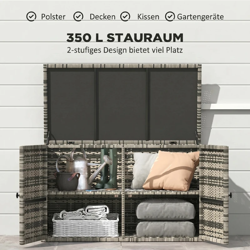 Outsunny Coffre de jardin en résine tressée coffre de rangement extérieur 350 L à 2 niveaux vérin à gaz 118x57x69cm gris mélangé