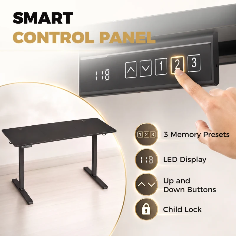 HOMCOM Standing Desk Memory Control Height Adjustable Desk 2 Cable Holes LED Display Sit Stand Desk Black