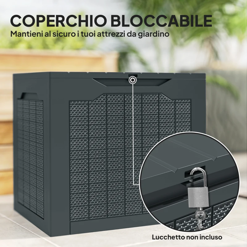 Outsunny Baule da Giardino con Maniglie, Contenitore Porta Attrezzi Impermeabile, 56x41x50 cm, Grigio Scuro