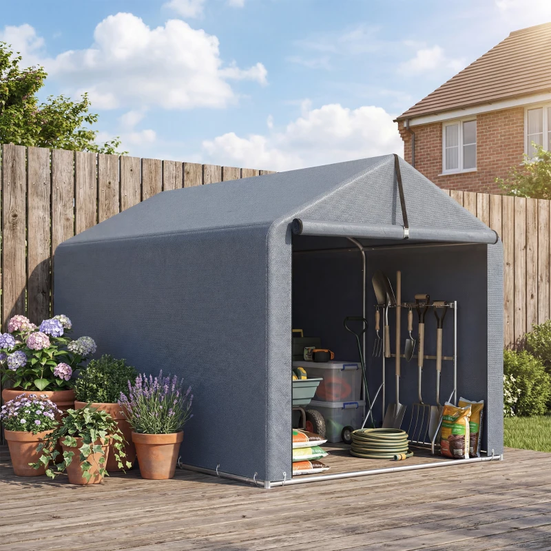 Outsunny Garagenzelt 2,2 x 1,6 m Wasserdicht Gerätezelt mit Rolltür Satteldach Stahlrahmen, UV-beständig Dunkelgrau