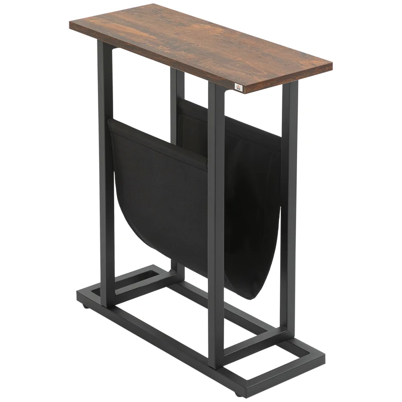 HOMCOM Beistelltisch, Nachttisch, schmales Design, mit Stofftasche, Stahl, dunkelbraun+schwarz, 49 x 19 x 55cm