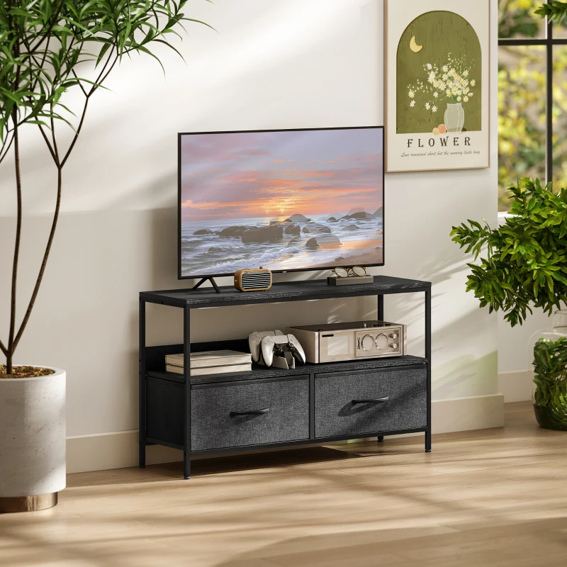 HOMCOM TV Schrank Lowboard mit 2 Schubladen, offenem Fach, für Fernseher bis 47 Zoll, 98 x 29 x 56 cm, Schwarz+Dunkelgrau