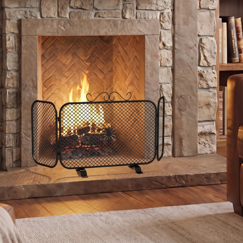 HOMCOM Parascintille Camino Pieghevole a 3 Pannelli in Metallo con Base Rimovibile, 90x16x40 cm, Nero