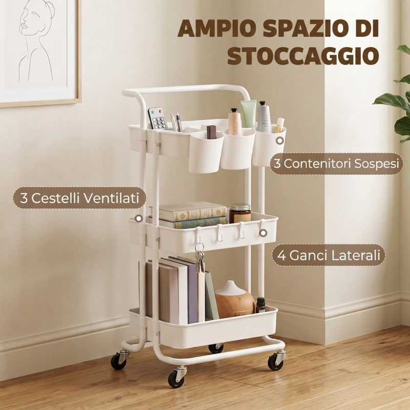 HOMCOM Carrello Cucina Multiuso a 3 Livelli con Cestini e Ganci Rimovibili, Ripiano con 12 Divisori, Bianco