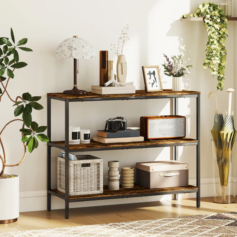 HOMCOM Mesa de Consola Mesa Auxiliar com Estante de 3 Níveis Aglomerado Metal Castanho Claro