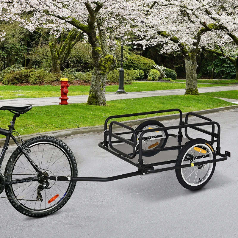 HOMCOM Remorcă Bicicletă cu Pereți Pliabili, Cârlig și 4 Reflectoare, din Oțel și PE, 139x71.5x49 cm, Negru(m-10)
