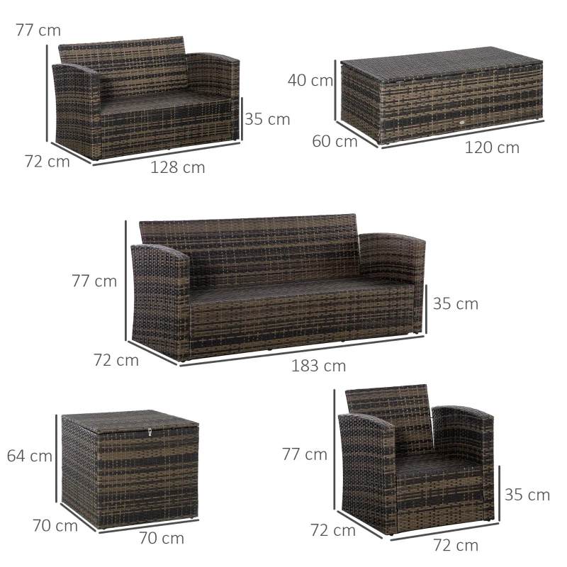 Outsunny Conjunto de Jardín Exterior de Ratán 6 Piezas Cojines Sofá Doble Sofá 3 Plazas 2 Sillones 2 Mesas Auxiliares Caqui