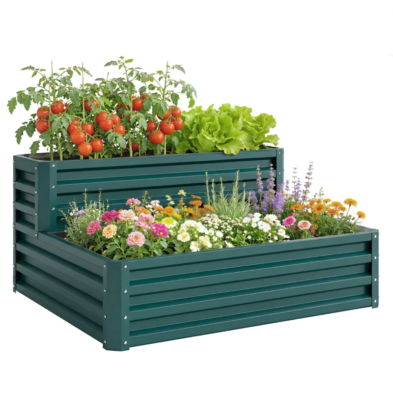 Outsunny Carré potager de jardin fond ouvert 2 étages pour herbes légumes fruits fleurs 120 x 101 x 58 cm vert