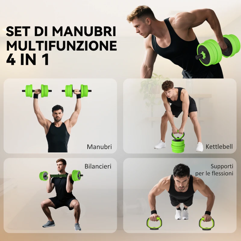 SPORTNOW Set Pesi da Palestra 4 in 1 da 20kg, Convertibile in Kettlebell, 2 Manubri, Bilanciere e Supporto Flessioni, Verde