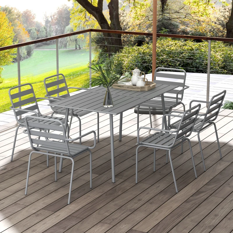 Outsunny Set da Giardino 7 Pezzi in Acciaio con 6 Sedie Impilabili e Tavolo da Pranzo, Grigio Chiaro