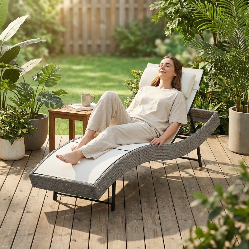 Outsunny Rattan Sun Lounger, Garden Recliner with 5 Position Adjustable Back, S Shaped Texteline Seat, Headrest, Cream White