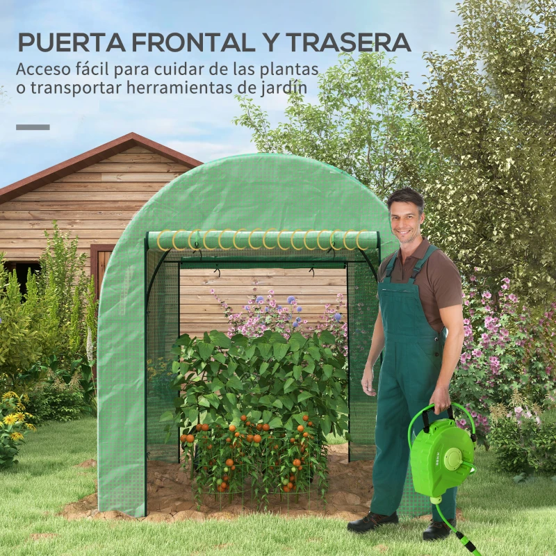 Outsunny Invernadero de Túnel con 2 Puertas Enrollables 2 Ventanas de Malla y Marco de Acero Cubierta PE 135g/m² Anti-UV Verde