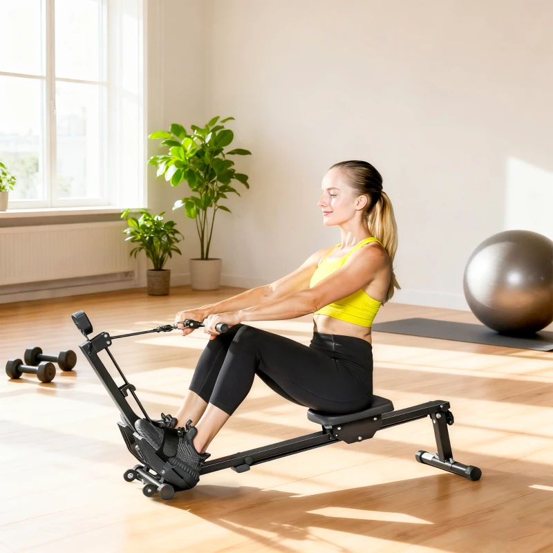 SPORTNOW Aparat de Vâslit pentru Acasă, Compact și Silențios, cu Rezistență Elastică, Monitor LCD, Scaun Confortabil, pentru Antrenament Total al Corpului, Capacitate 150 kg, Economisire Spațiu, Negru