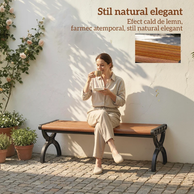 Outsunny Bancă de Grădină 2 Locuri, Bancă cu Cadru din Metal și Efect de Lemn, Mobilier pentru Grădină, Terasă, Parc