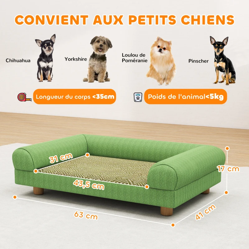 PawHut Canapé pour chien chat lit pour chien surélevé, assise de tapis frais, accoudoirs, en velours doux 63 x 41 x 17 cm, vert