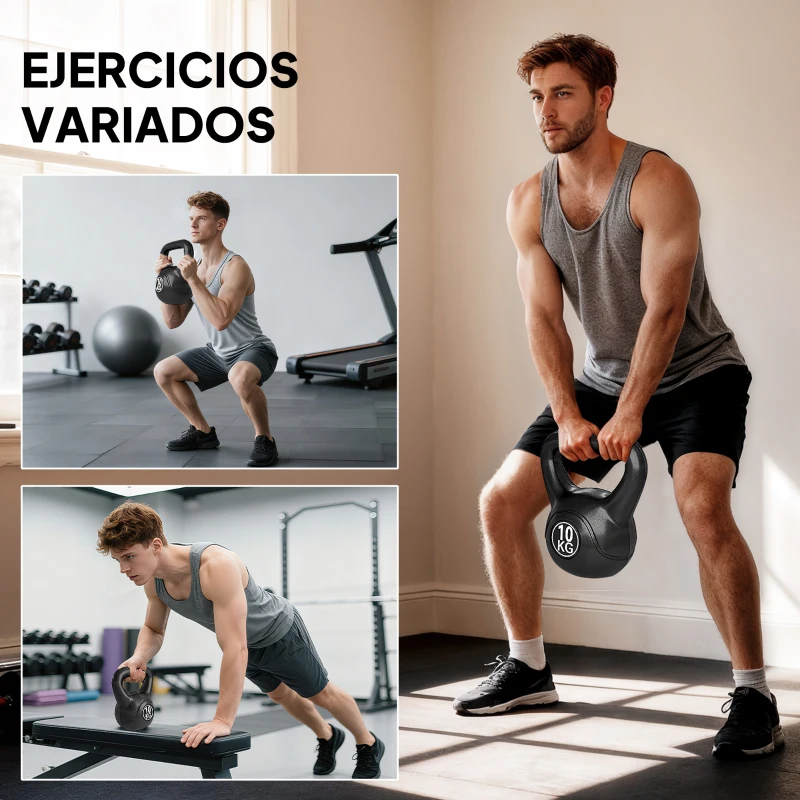 HOMCOM Pesa Rusa de 10 kg Kettlebell Relleno de Arena con Mango Ancho Antideslizante para Entrenamiento 25x19x28 cm Negro