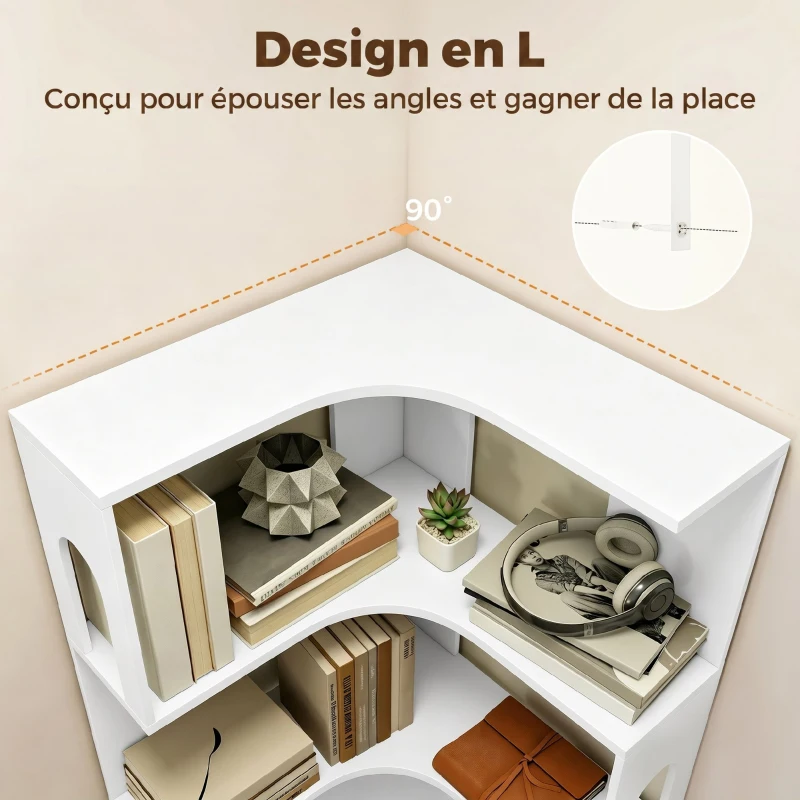 HOMCOM Bibliothèque d'angle, étagère de rangement à 6 niveaux avec panneaux latéraux arqués, 60 x 60 x 165,5 cm, blanc