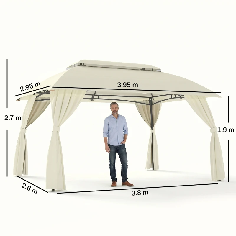 Outsunny Gazebo da Giardino 4x3m con Doppio Tettuccio, Pareti in Poliestere e Struttura in Acciaio, Beige