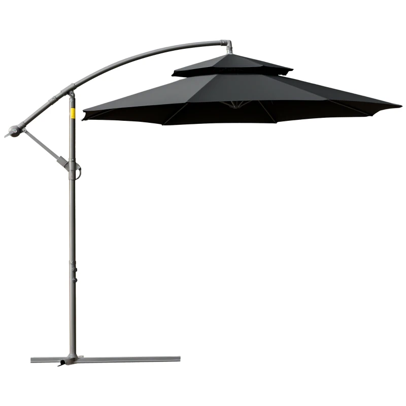 Outsunny 2.7m Garden Banana Parasol Cantilever Umbrella with Crank Handle, Double Tier Canopy and Cross Base for Outdoor, Hanging Sun Shade, Black(m-22)