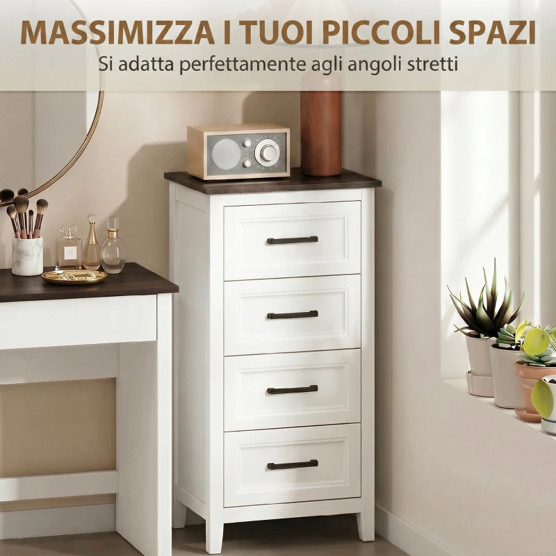 HOMCOM Cassettiera 4 Cassetti per Camera da Letto e Soggiorno, in Legno, 45x35x87 cm, Bianco e Marrone