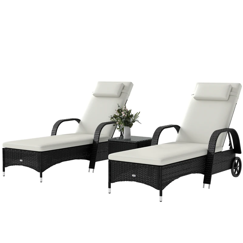 Outsunny Sonnenliege Gartenliege Tisch 3er-Set Gartenmöbel, Polyrattan+Metall Schwarz+Cremeweiß