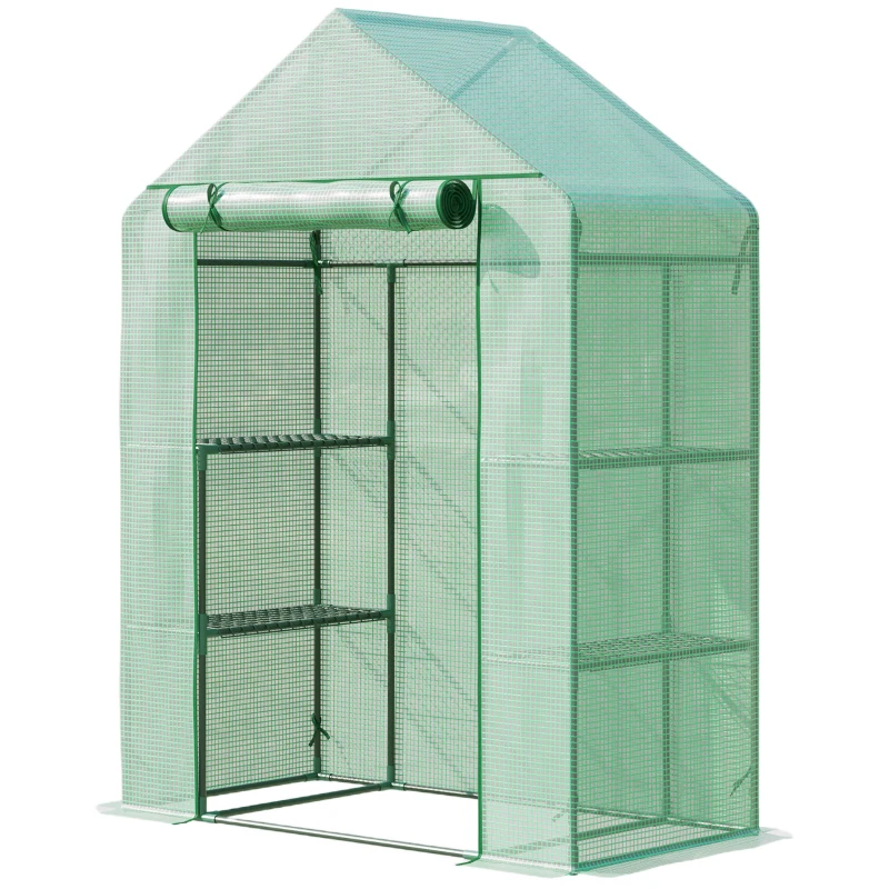 Outsunny Invernadero de Jardín 141x72x191 cm Vivero Casero con 4 Estantes Puerta Enrollable Cubierta de PE 140g/m² y Marco de Acero para Cultivos Plantas Macetas Flores Verde