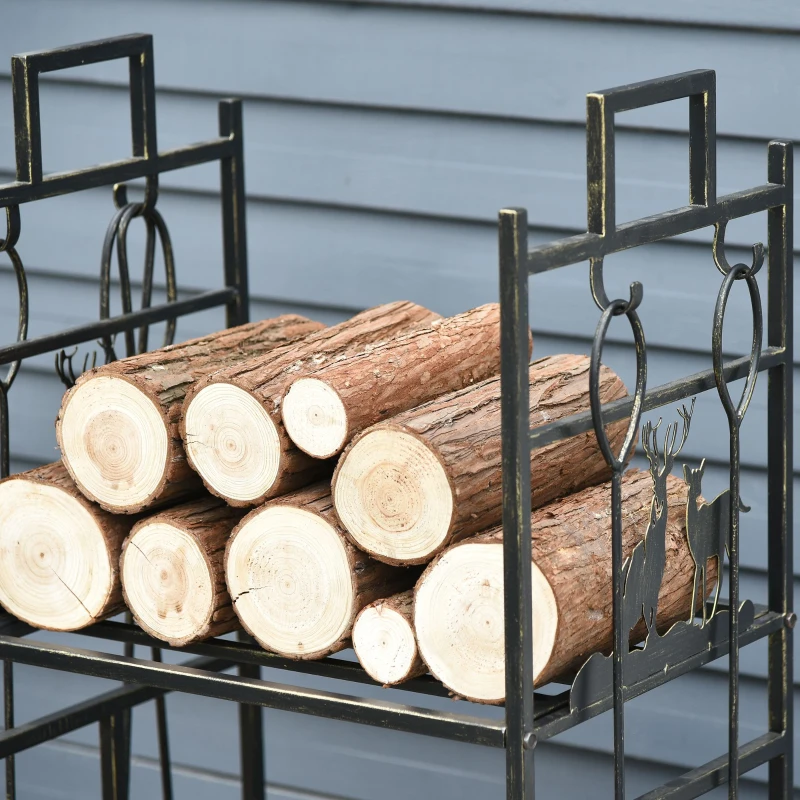 Porte-bûches range bûches étagère à bois de cheminée serviteur de cheminée cerf multi-accessoires 2 étagères dim. 51,5L x 33l x 77H cm métal noir or vieilli